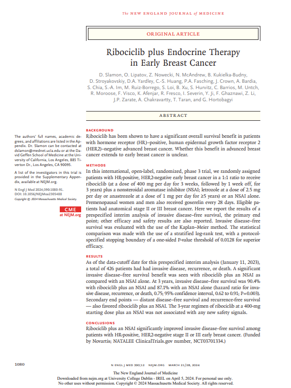 The front page of a journal article titled 'Ribociclib plus Endocrine Therapy in Early Breast Cancer'